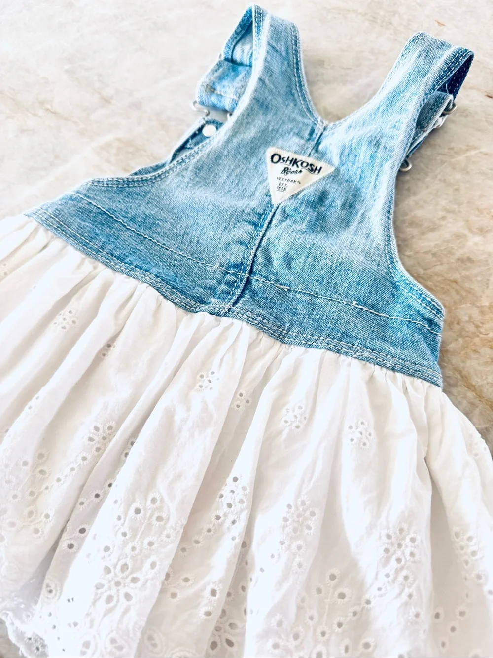 OshKosh B’gosh Baby Girl Dress 12M Denim Eyelet Lace White Cotton Sundress